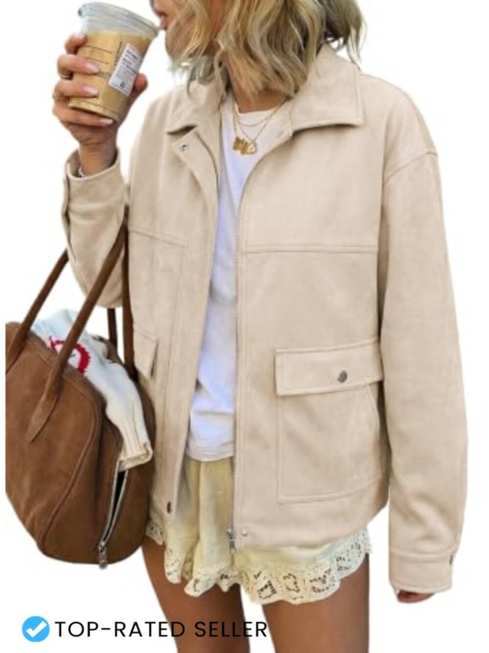 Womens Faux Suede Jacket Fall Winter Oversized Long Sleeve Zip Up Vintage